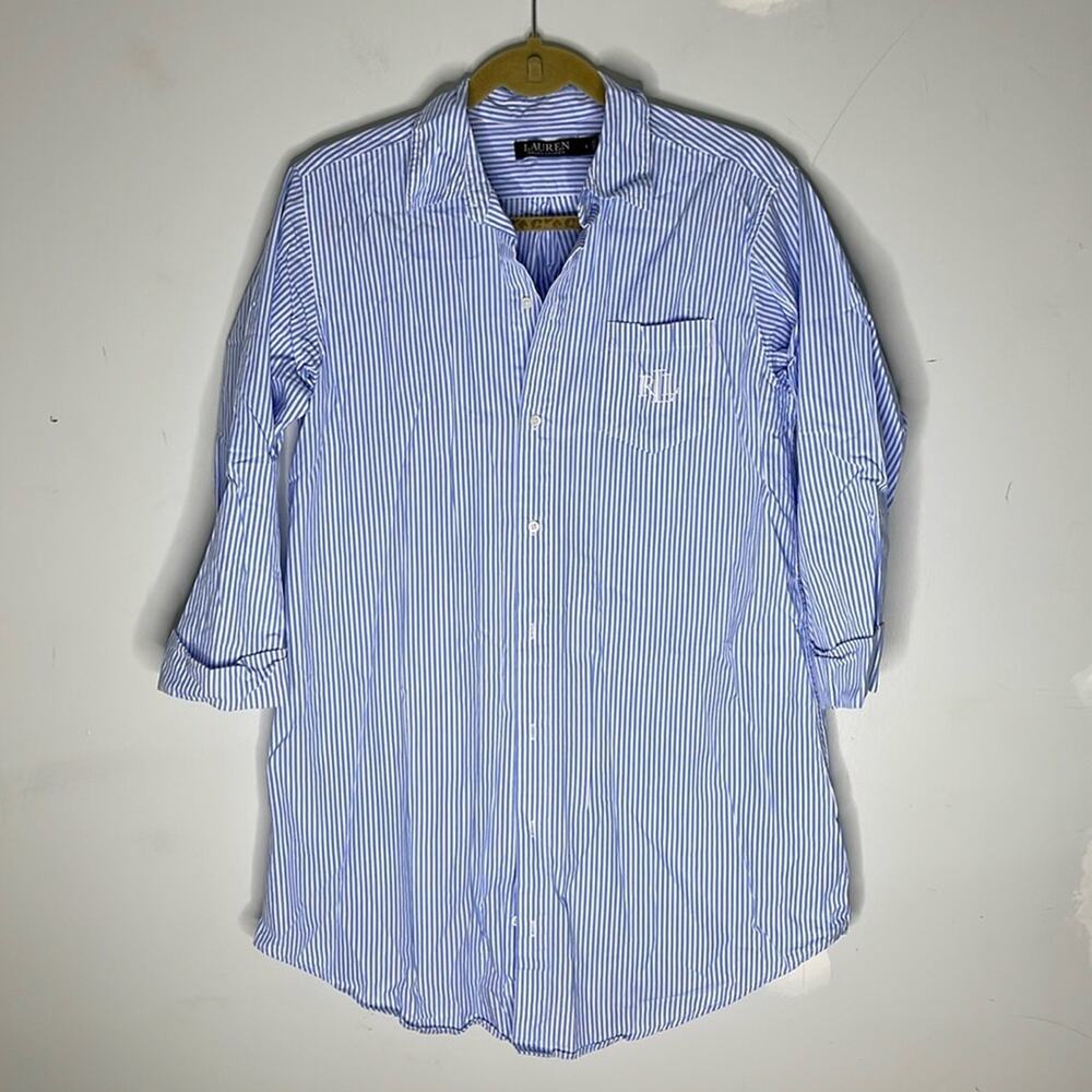 RALPH LAUREN Blue and White Embroidered Striped Long Sleeve Sleep Shirt Small
